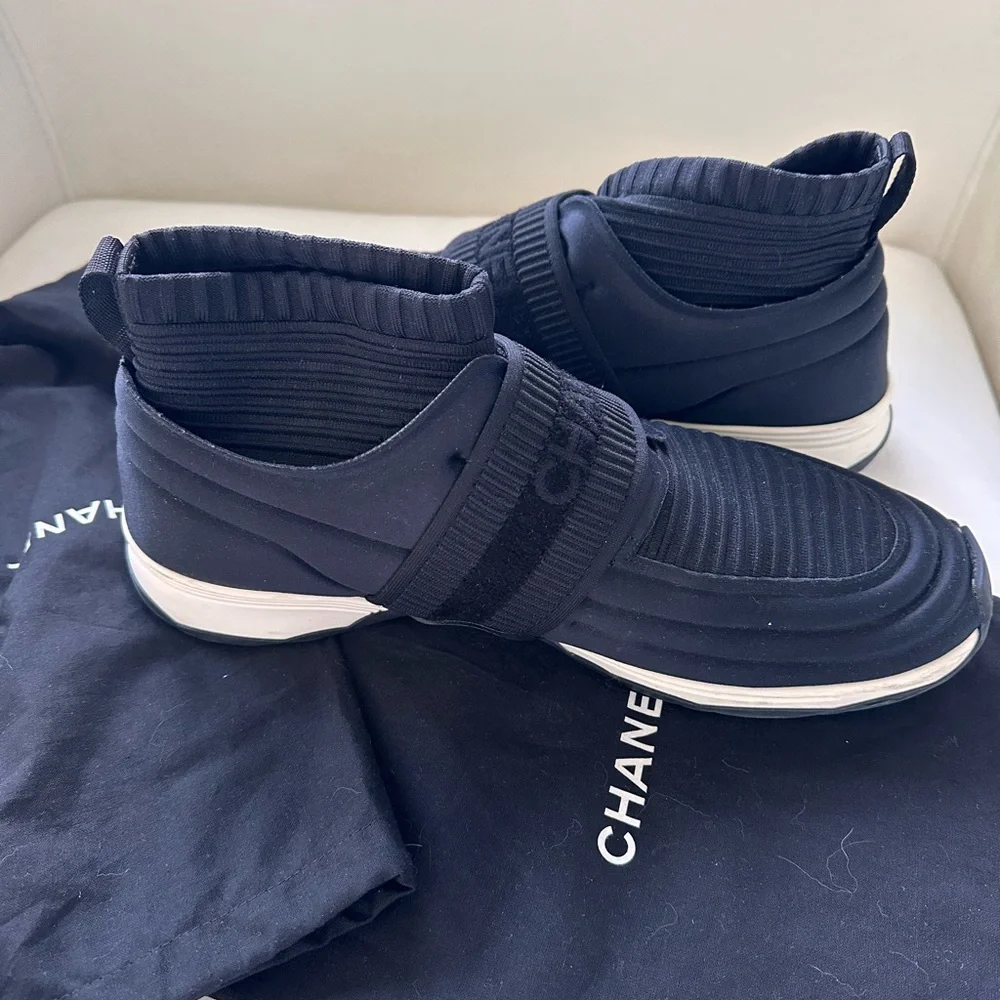 CHANEL BLACK STRETCHY FABRIC CC LOGO SOCK SNEAKERS UNISEX SHOES EU43 US10